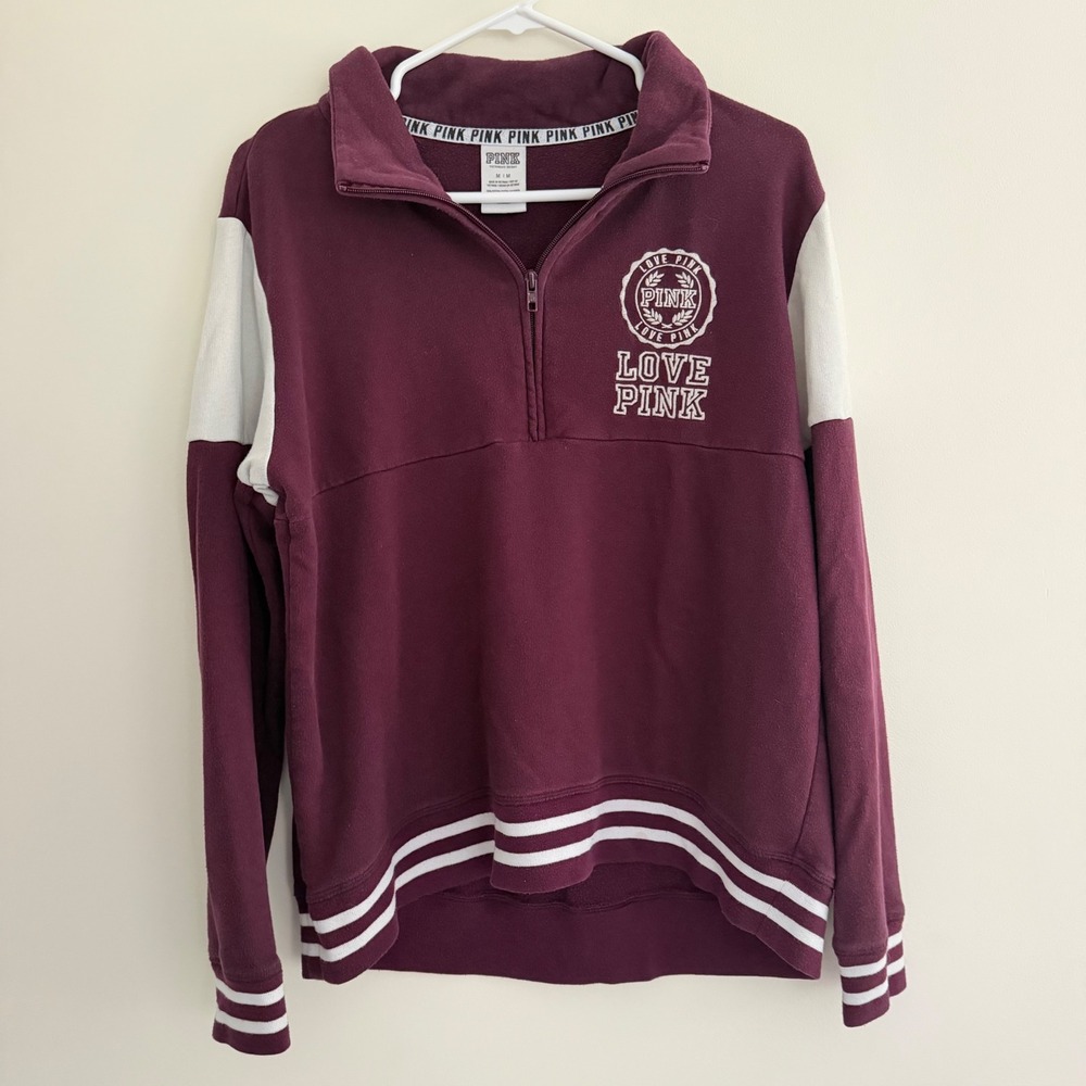 Victoria's Secret PINK Burgundy / White Varsity Style Quarter Zip Sweatshirt,